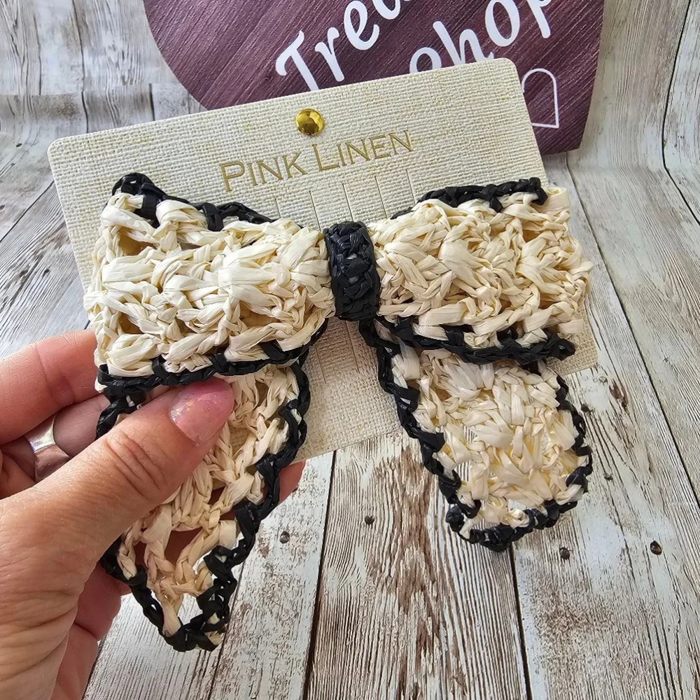 Women's Pink Linen Hair bow clip Beige Black